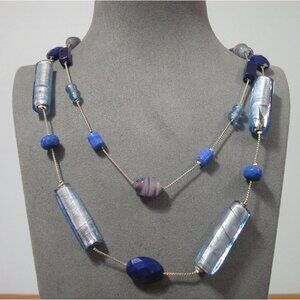 NY Two Strand Blue Glass Bead Necklace Silver-Tone 34"/36" Length With 3.5" Ext.
